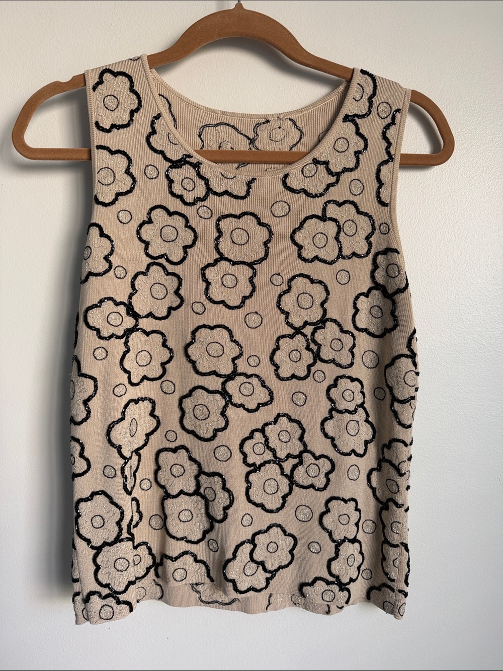 Vintage Tan Knit Tank Top with Black Beaded Floral Design